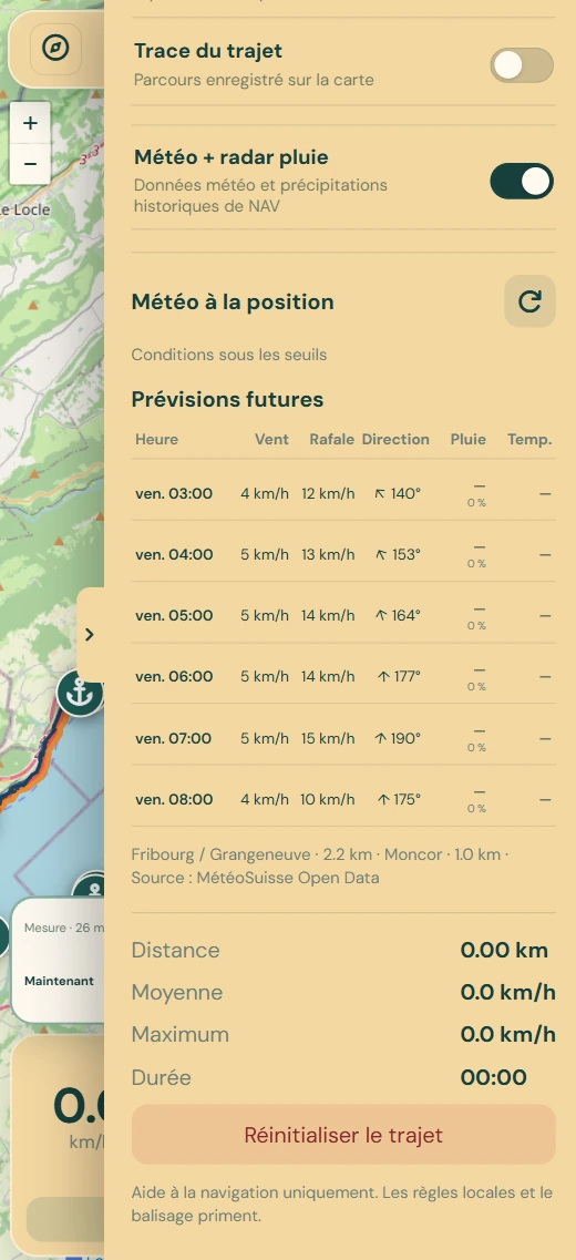 Carte AUA avec panneau météo et statistiques du trajet